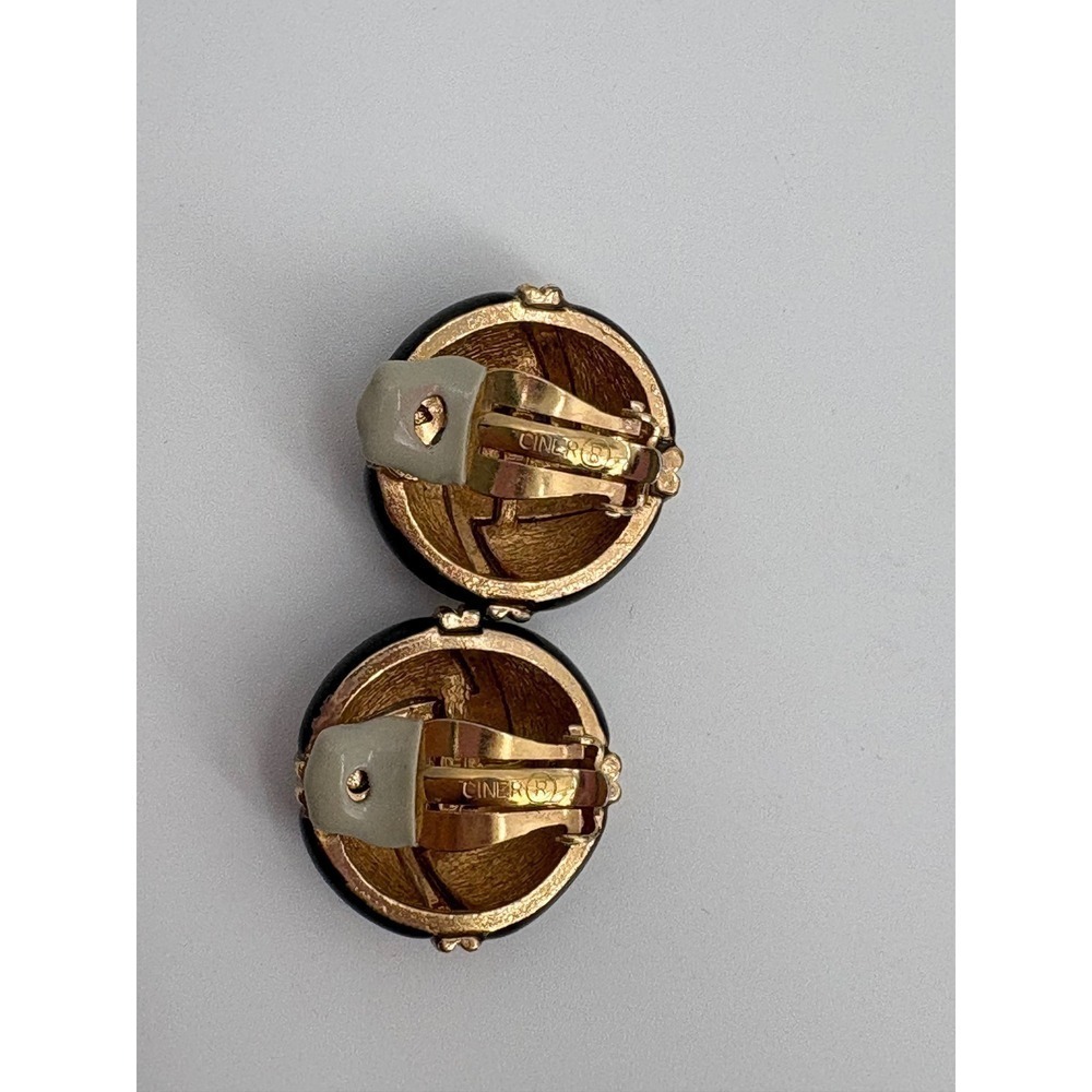 B46 Ciner Vintage Signed Black & Gold Clip On Earrings Rhinestone Knot Enamel - Picture 4 of 6